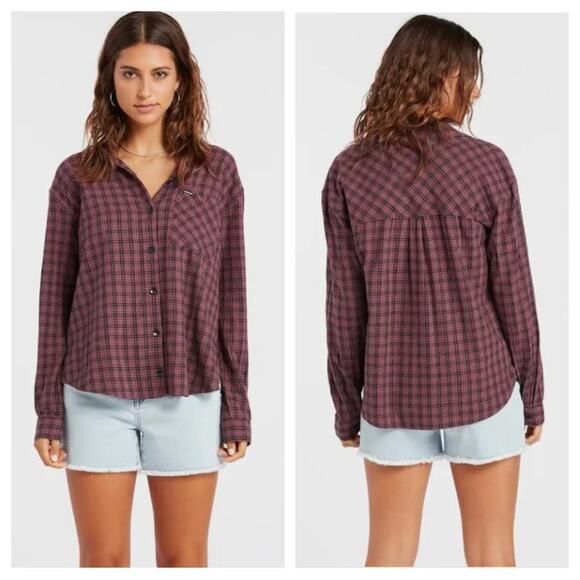 Volcom Women's Plaid to Meet You Long Sleeve Button Down Shirt Eggplant Cotton - Picture 1 of 7